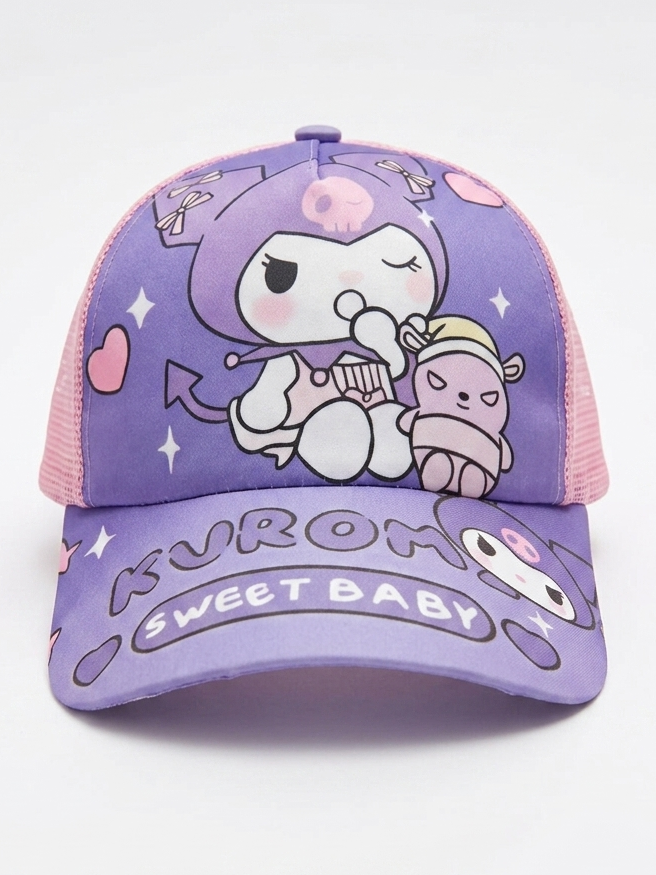 Kids purple baseball cap with Kuromi Sweet Baby front graphic and embroidered brim text