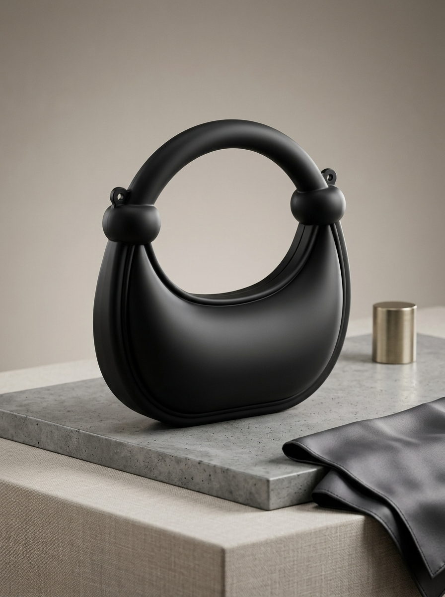 Black matte silicone crescent handbag with rounded ring handles