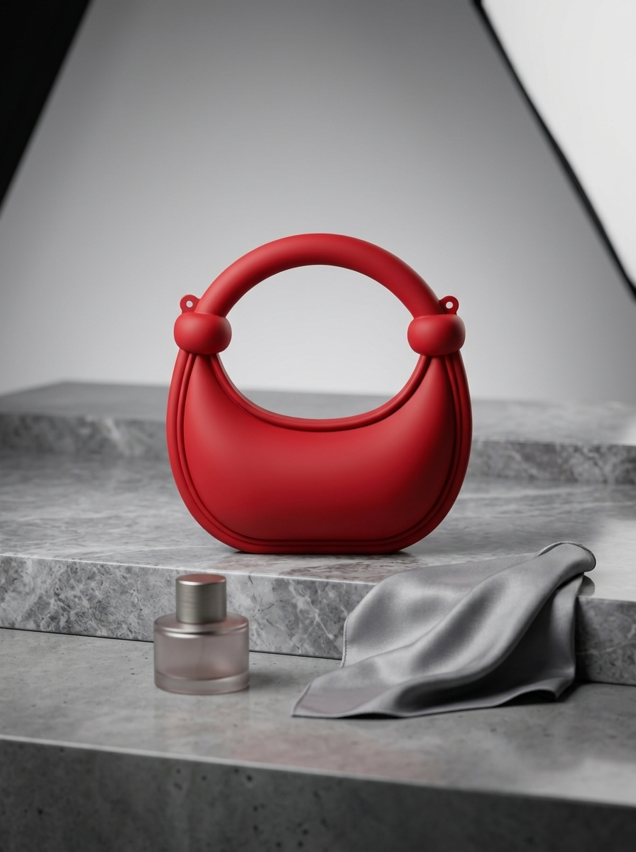 Red matte silicone crescent handbag with rounded ring handles and knotted accents