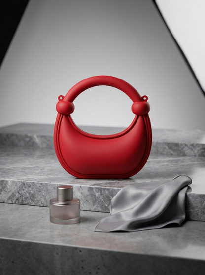 Red matte silicone crescent handbag with rounded ring handles and knotted accents