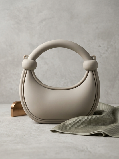 Beige matte silicone crescent handbag with rounded ring handles and knotted accents