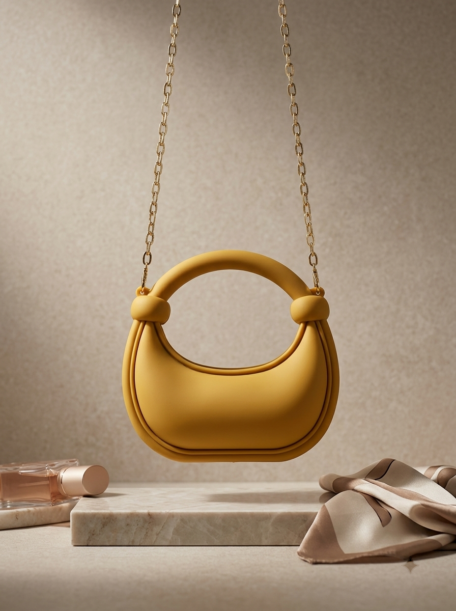 Yellow matte silicone crescent handbag with gold chain straps and ring handles