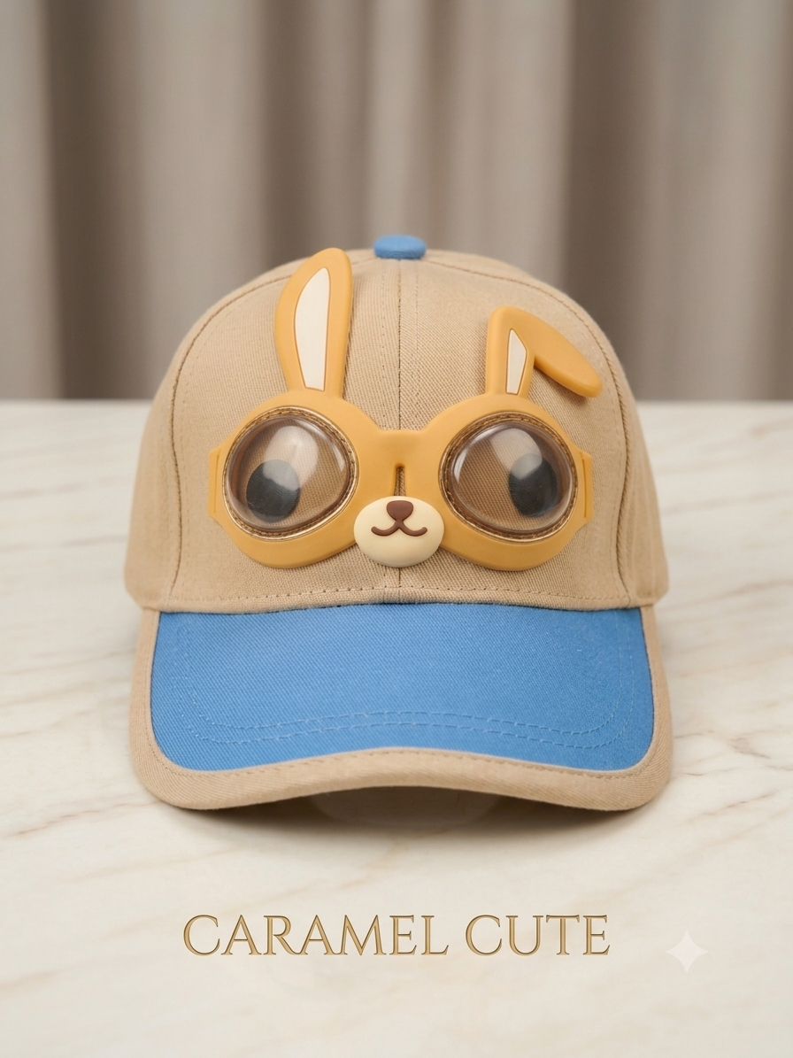 Kids tan and blue baseball cap with bunny aviator goggles and yellow ear frames