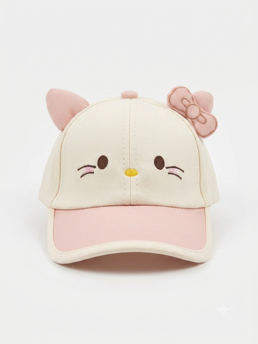 Kids cream baseball cap with 3D cat ears and bow, embroidered face and pink trim