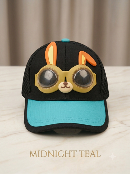 Kids black and teal baseball cap with bunny aviator goggles and orange ear frames