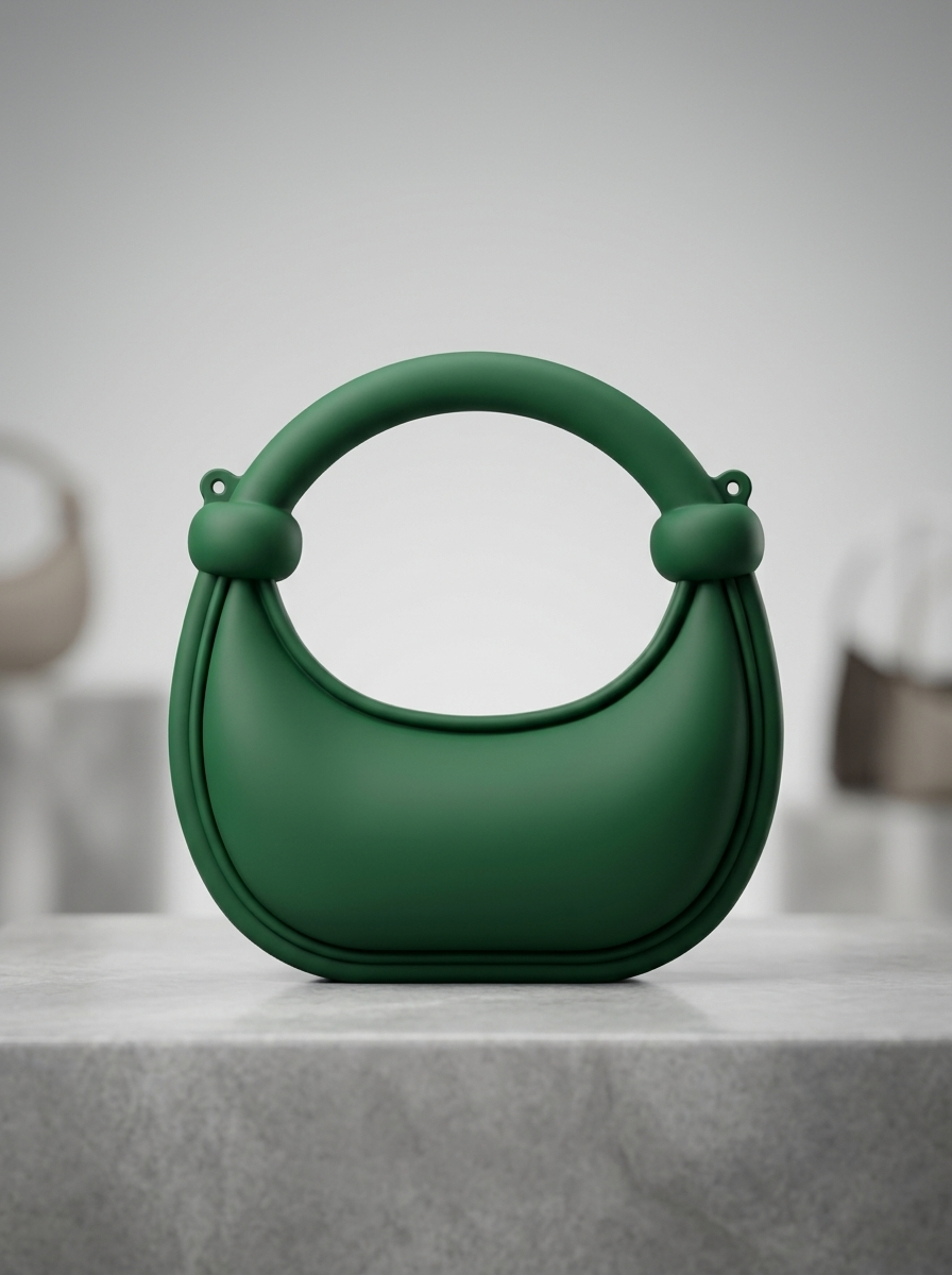 Green matte silicone crescent handbag with rounded ring handles and knotted accents