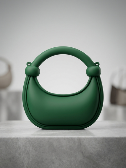 Green matte silicone crescent handbag with rounded ring handles and knotted accents