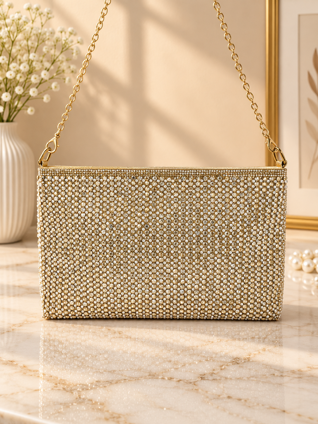 Gold crystal mesh envelope clutch with chain strap, rectangular snap flap.