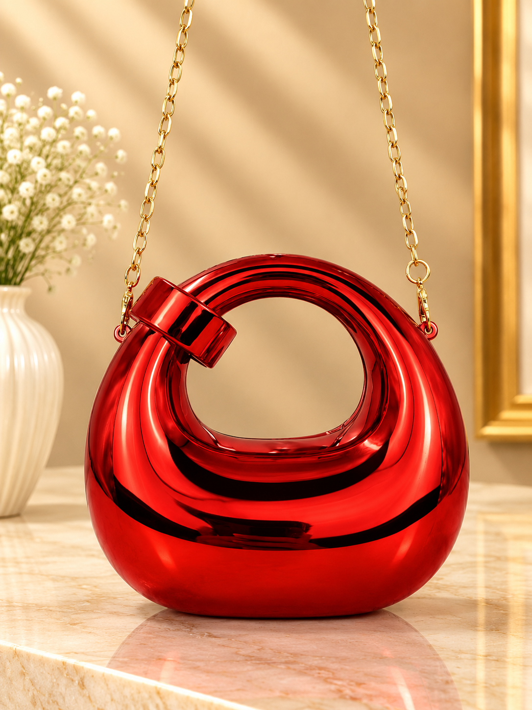 Red metallic ring-loop evening handbag with gold chain strap and hinged handle