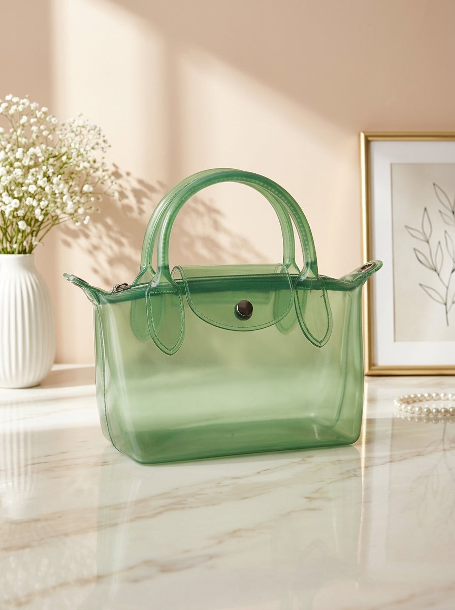 Green transparent jelly tote bag with double top handles and front snap pocket