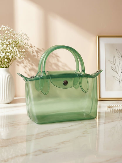 Green transparent jelly tote bag with double top handles and front snap pocket