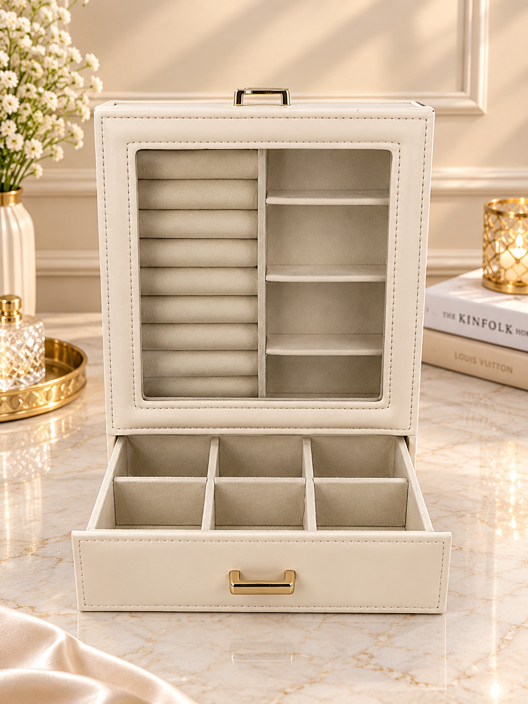 Ivory jewelry box with open front display shelves and pull-out drawer