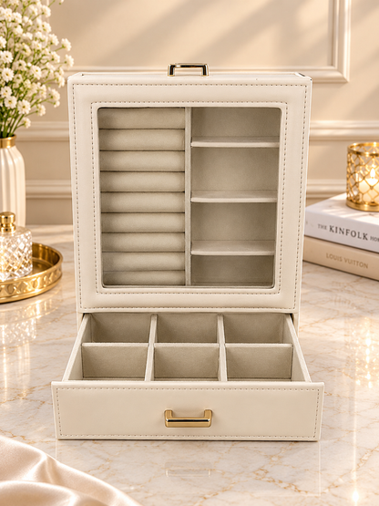 Ivory jewelry box with open front display shelves and pull-out drawer