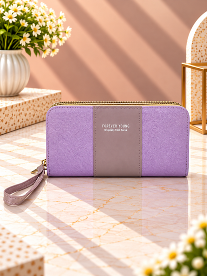 Contrast panel zip-around wristlet wallet, lavender with purple center panel and wrist strap