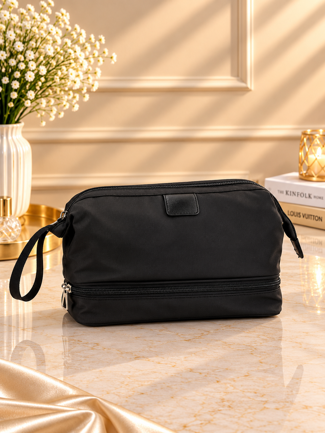 Double-decker dopp kit bag set, black zippered double-compartment toiletry case