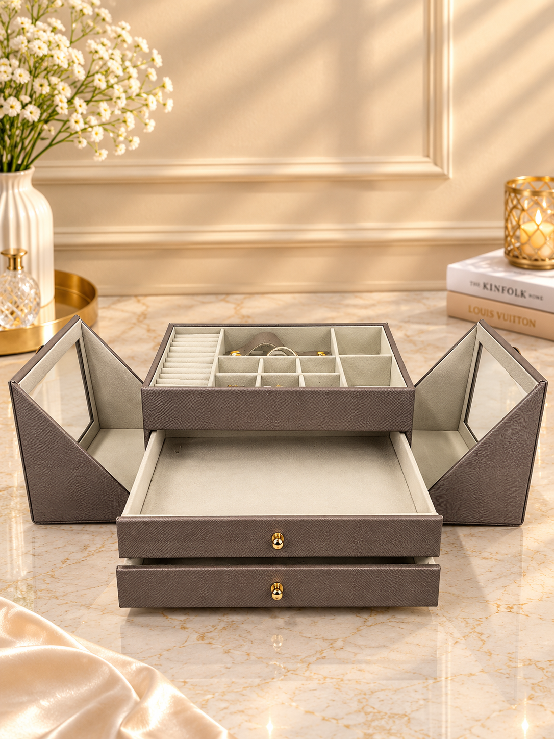 Taupe jewelry cabinet with open front trays, ring holders, and hinged side compartments