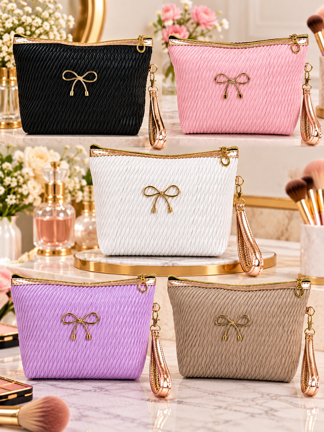 Black quilted cosmetic pouch with gold bow, zip top, and wristlet strap