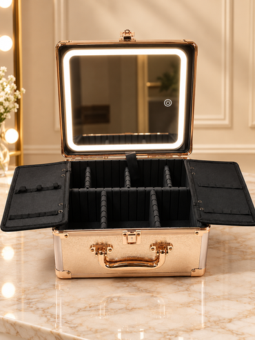 Rose gold makeup train case open, LED lighted mirror and padded organizer slots