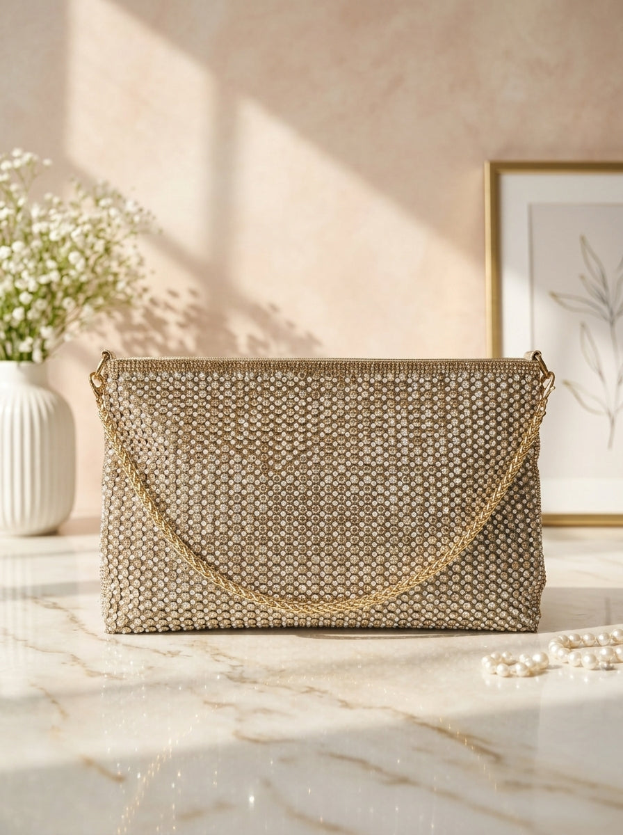 Gold crystal mesh envelope clutch with rounded front, chain shoulder strap.