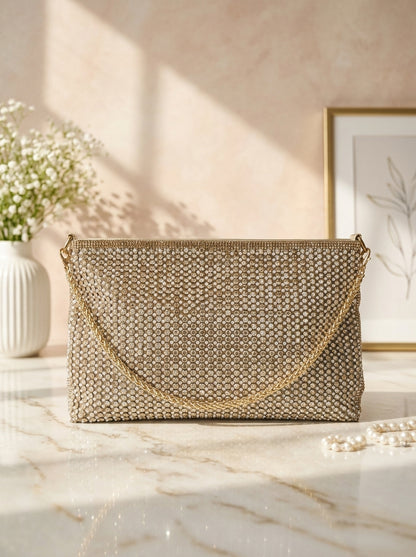 Gold crystal mesh envelope clutch with rounded front, chain shoulder strap.