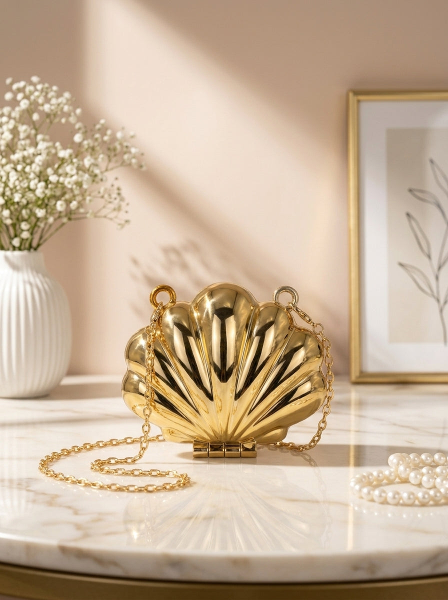 Gold metallic seashell evening clutch bag with chain strap and clasp closure