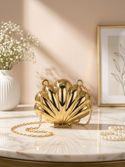 Gold metallic seashell evening clutch bag with chain strap and clasp closure