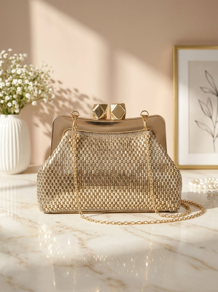 Gold crystal mesh frame clutch with geometric clasp and crossbody chain