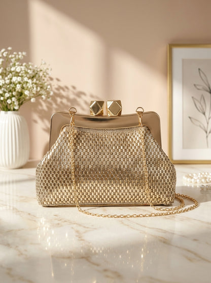 Gold crystal mesh frame clutch with geometric clasp and crossbody chain