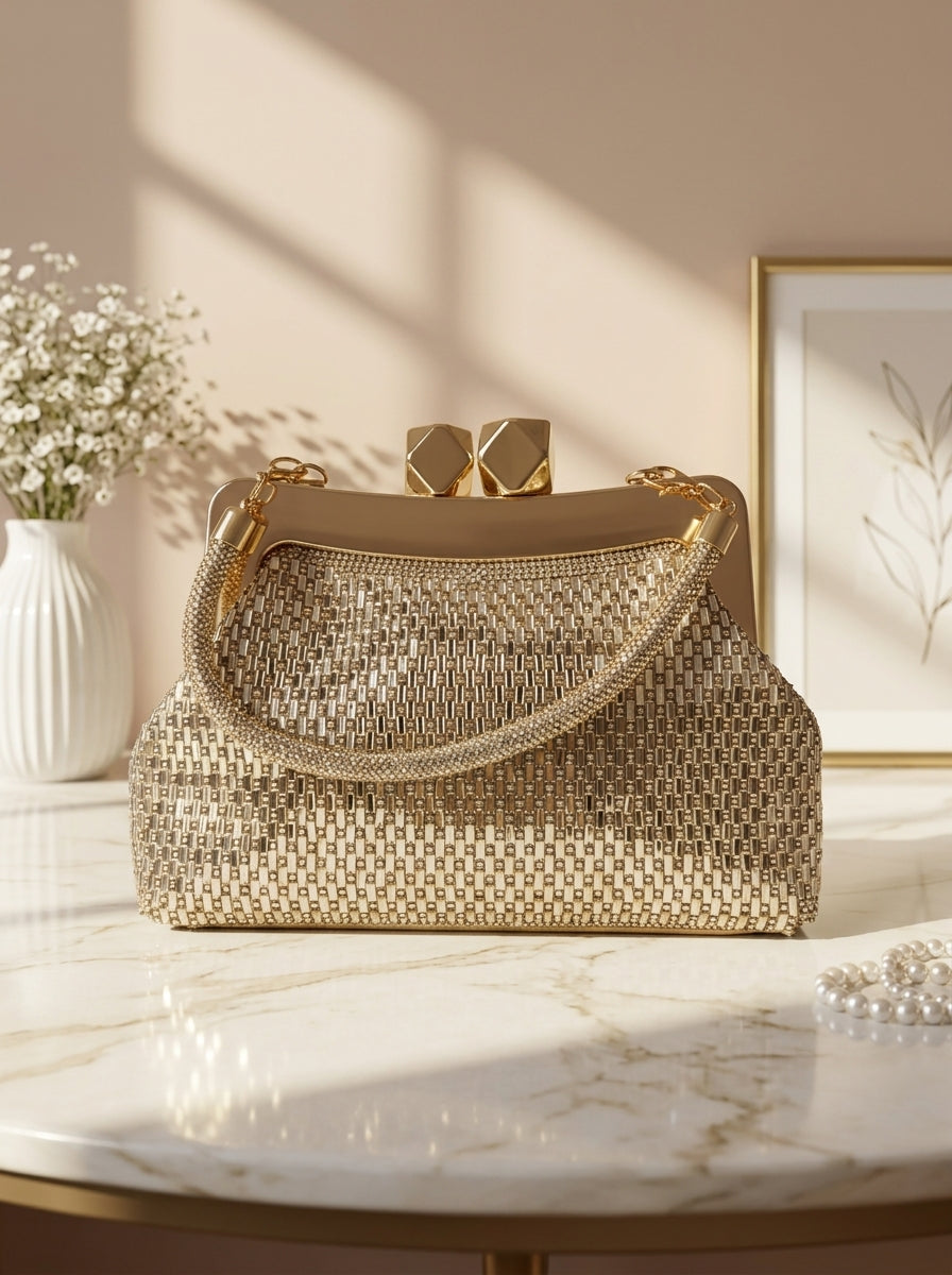 Gold crystal mesh frame clutch with geometric clasp and short chain handles