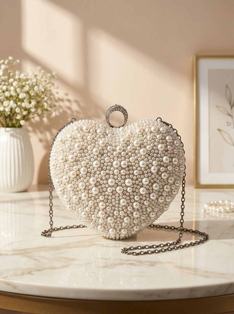 Heart-shaped pearl-embellished evening clutch with dangling chain strap