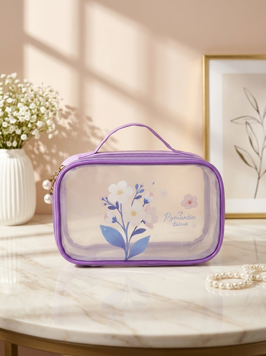 Purple transparent cosmetic pouch with floral print, zip closure and top handle
