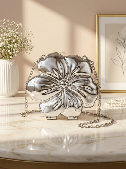Silver metallic floral bloom evening clutch bag with chain handle