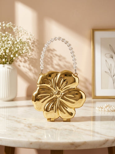 Gold metallic floral bloom mini clutch bag with beaded top handle