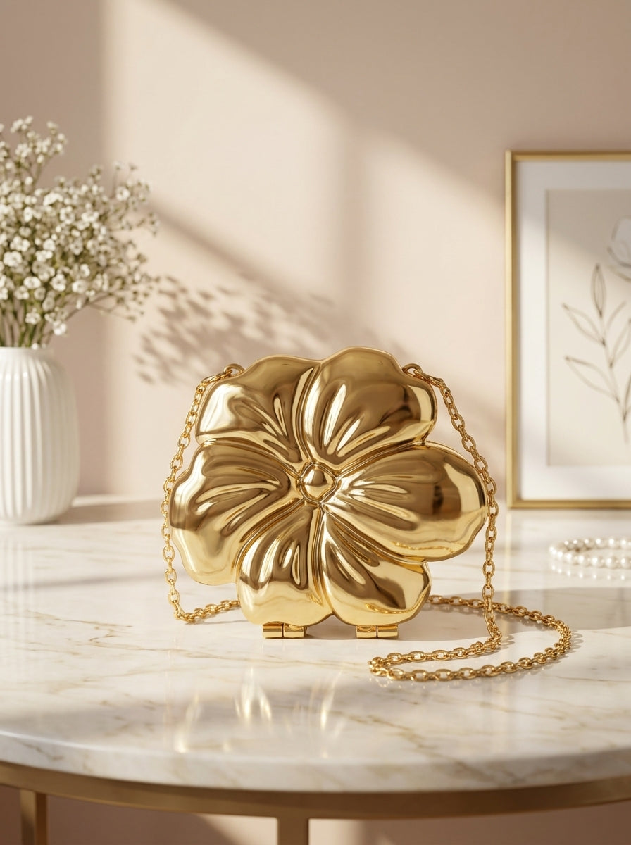 Gold metallic floral bloom evening clutch bag with chain handle