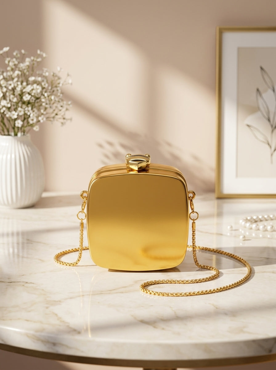 Gold metallic square box evening clutch with hinged lid and chain strap