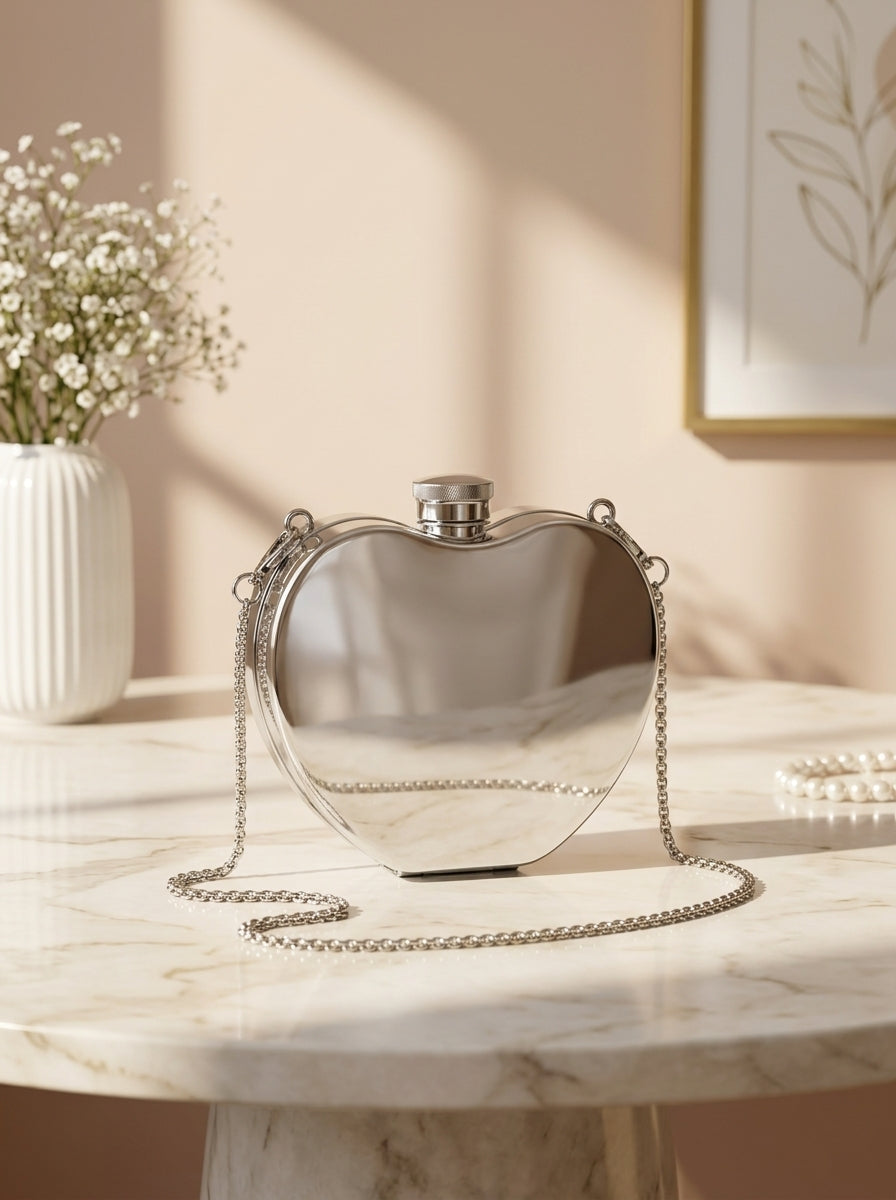 Silver metallic heart evening clutch with top clasp and shoulder chain