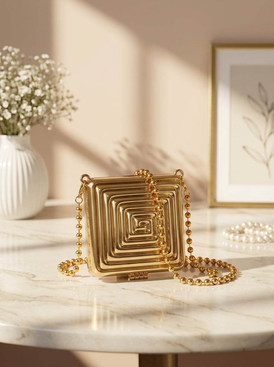 Gold geometric spiral clutch with hinged flap and beaded shoulder chain
