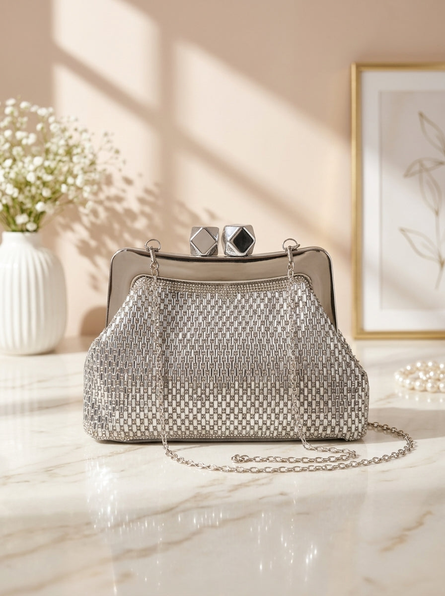 Silver crystal mesh frame clutch with geometric clasp and long shoulder chain