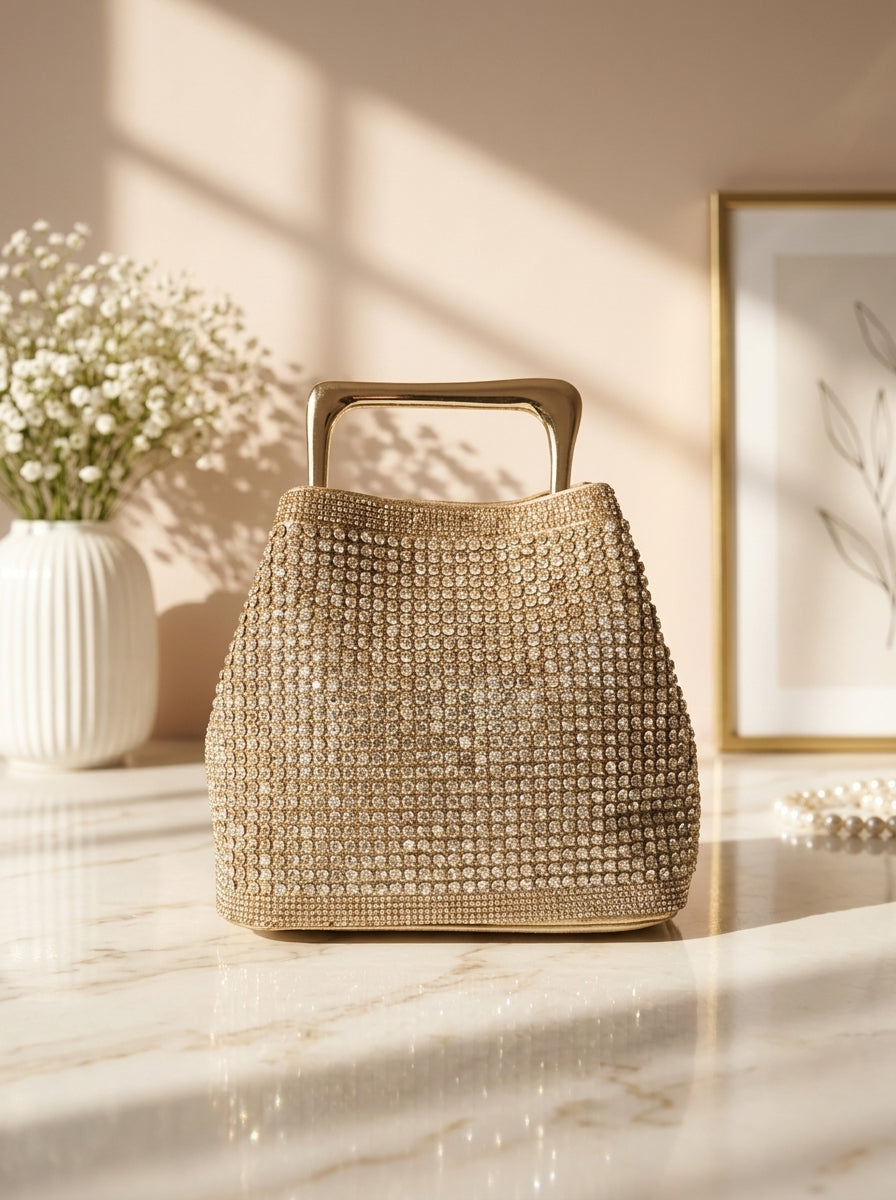 Gold crystal mesh bucket evening clutch bag with top handle