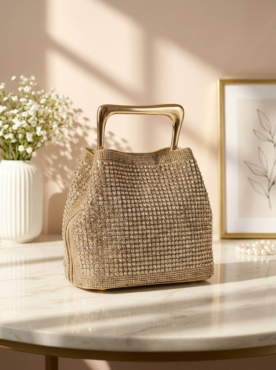 Gold crystal mesh bucket clutch with top handle and structured shape