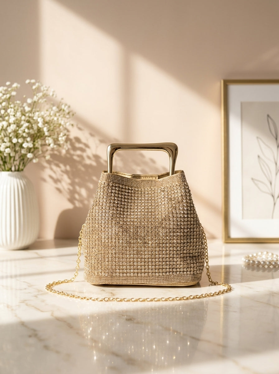 Gold crystal mesh bucket evening clutch bag with chain strap