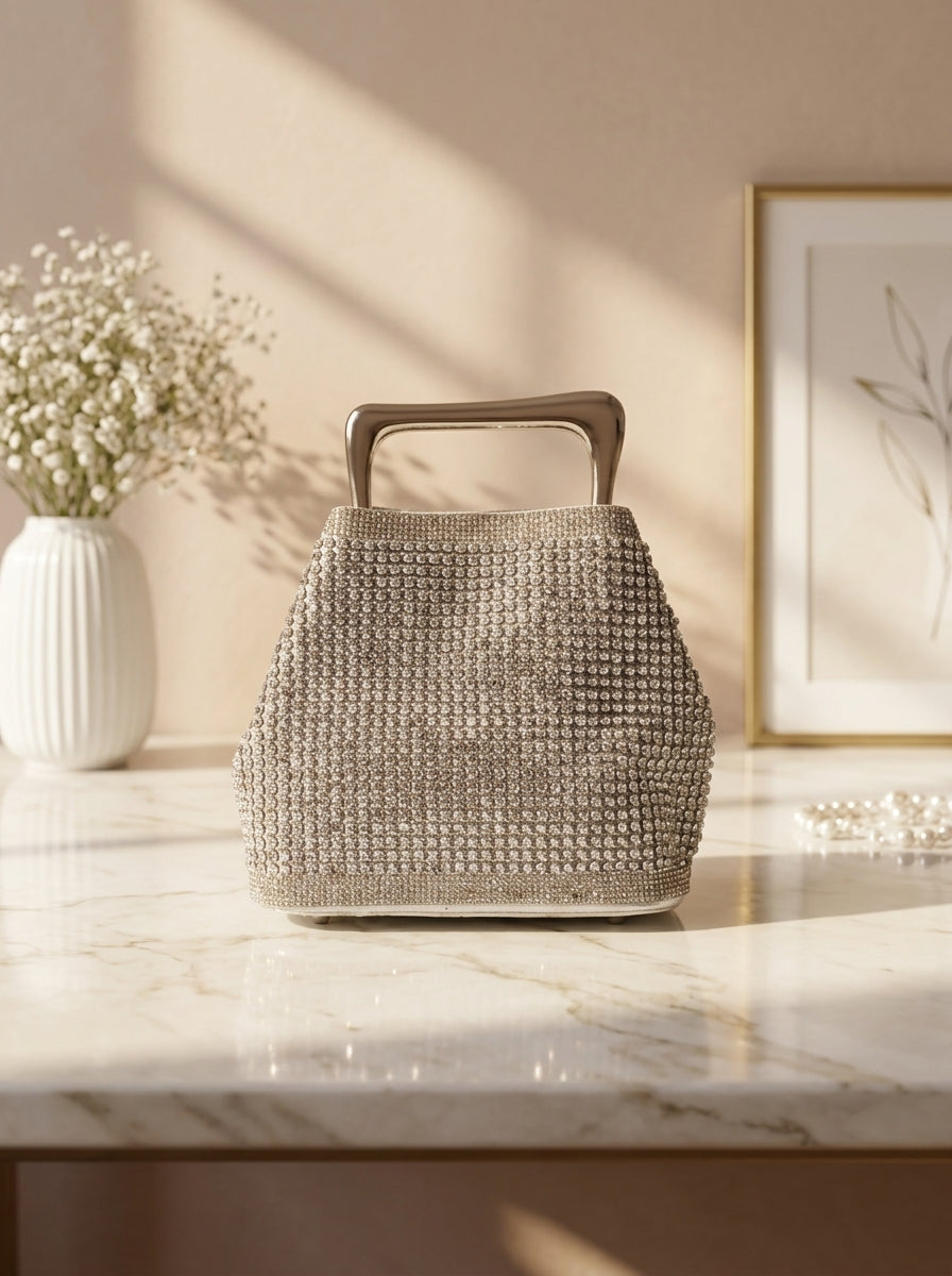 Silver crystal mesh bucket evening clutch bag with top handle