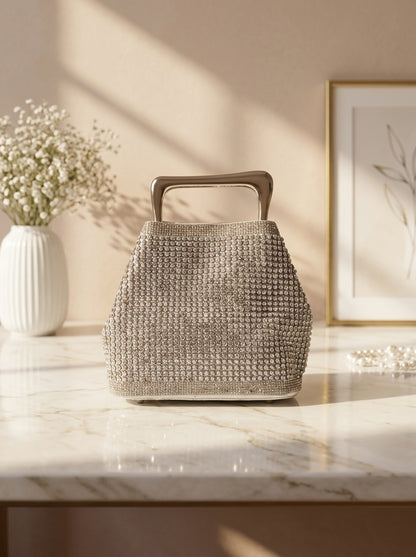 Silver crystal mesh bucket evening clutch bag with top handle