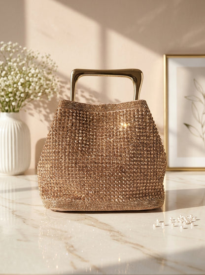 Gold crystal mesh bucket evening clutch bag with top handle