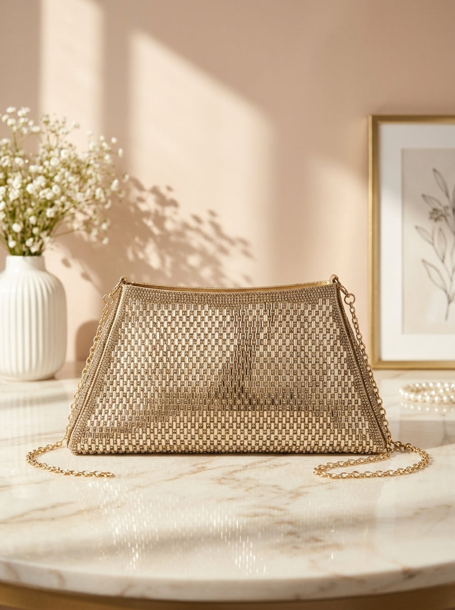 Gold crystal mesh evening clutch with long chain shoulder strap