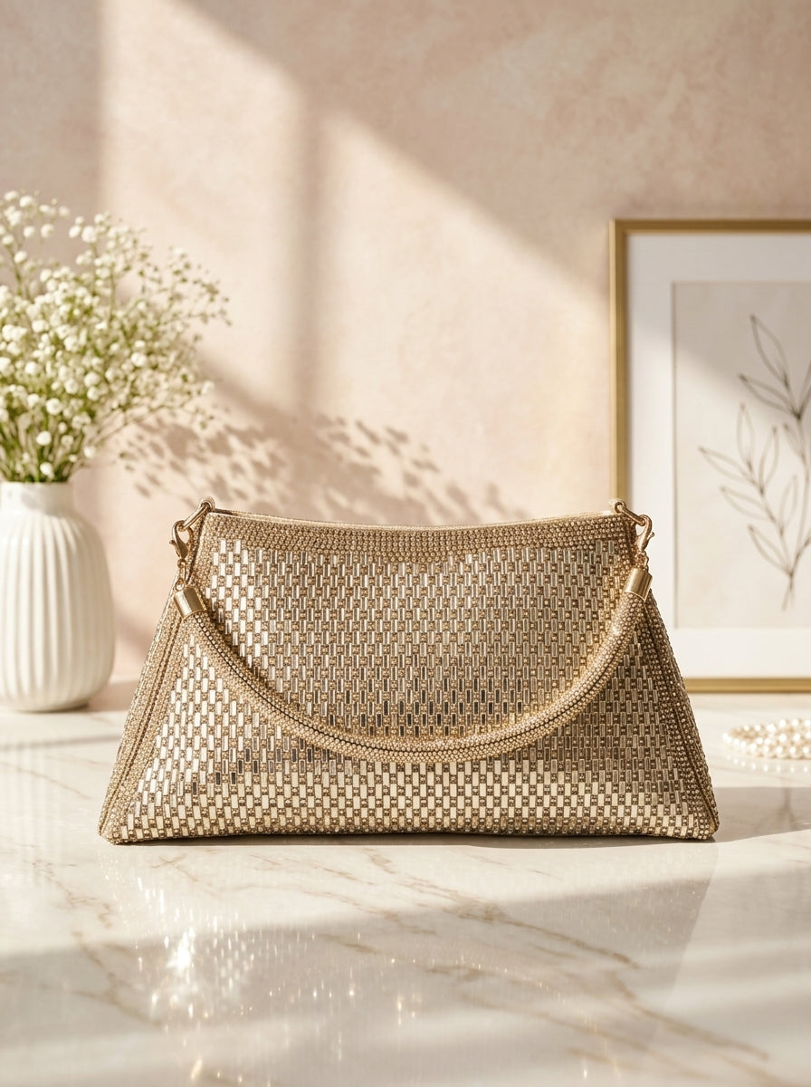 Gold crystal mesh woven evening clutch with scalloped flap and chain straps