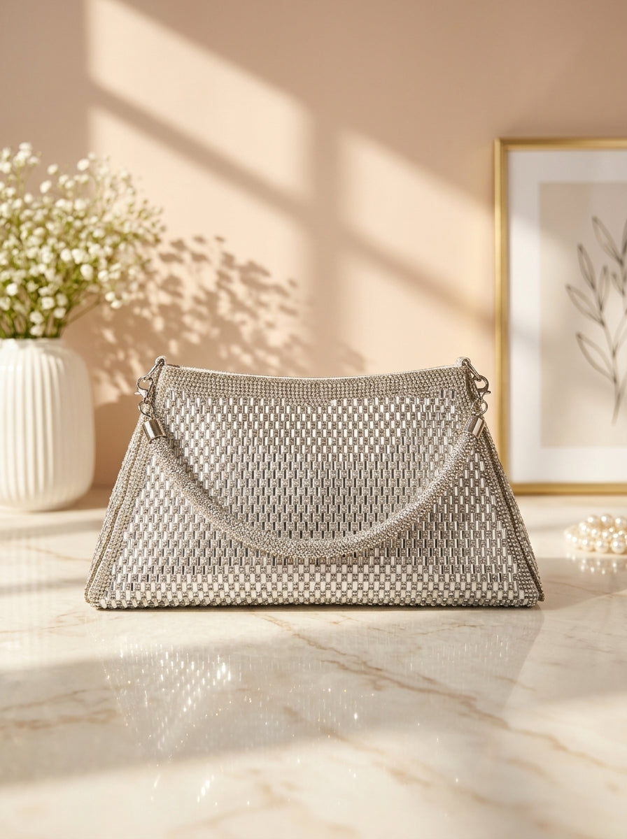 Silver crystal mesh woven evening clutch with scalloped flap and chain straps