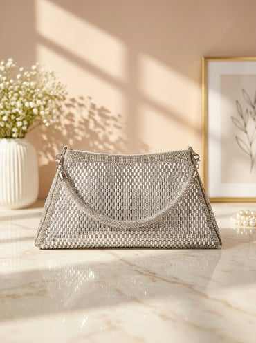 Silver crystal mesh woven evening clutch with scalloped flap and chain straps