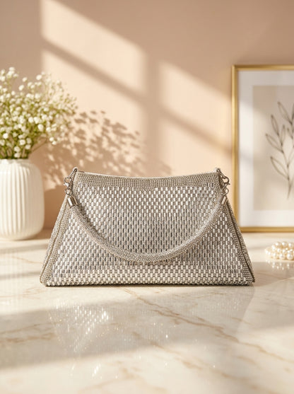 Silver crystal mesh woven evening clutch with scalloped flap and chain straps