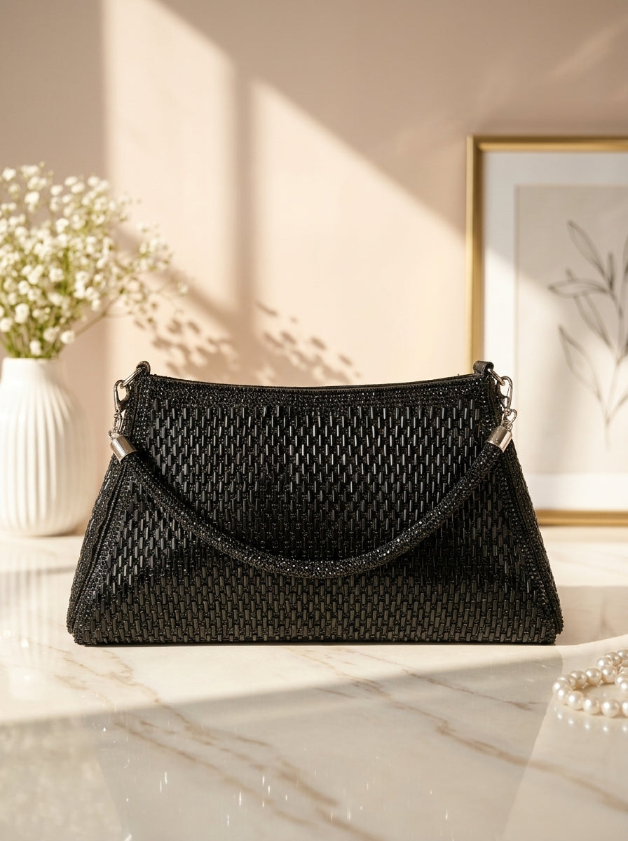 Black crystal mesh woven evening clutch with chain straps